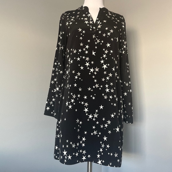 Tibi Star Printed 100% Silk Shift Long sleeve Cocktail Casual Tunic Dress 4 Smal - Picture 7 of 15